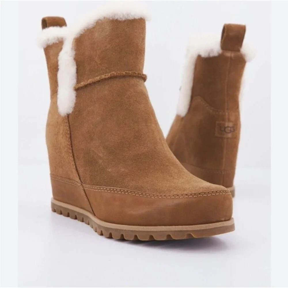 NEW Ugg Malvella tan wedge fur insulated Boots 6 FREE SHIPPING
